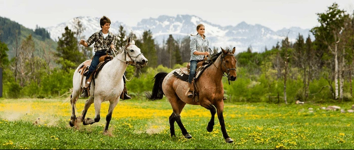 Confident plus-size woman riding Dunchurch a horse through a field with a smile on her face.